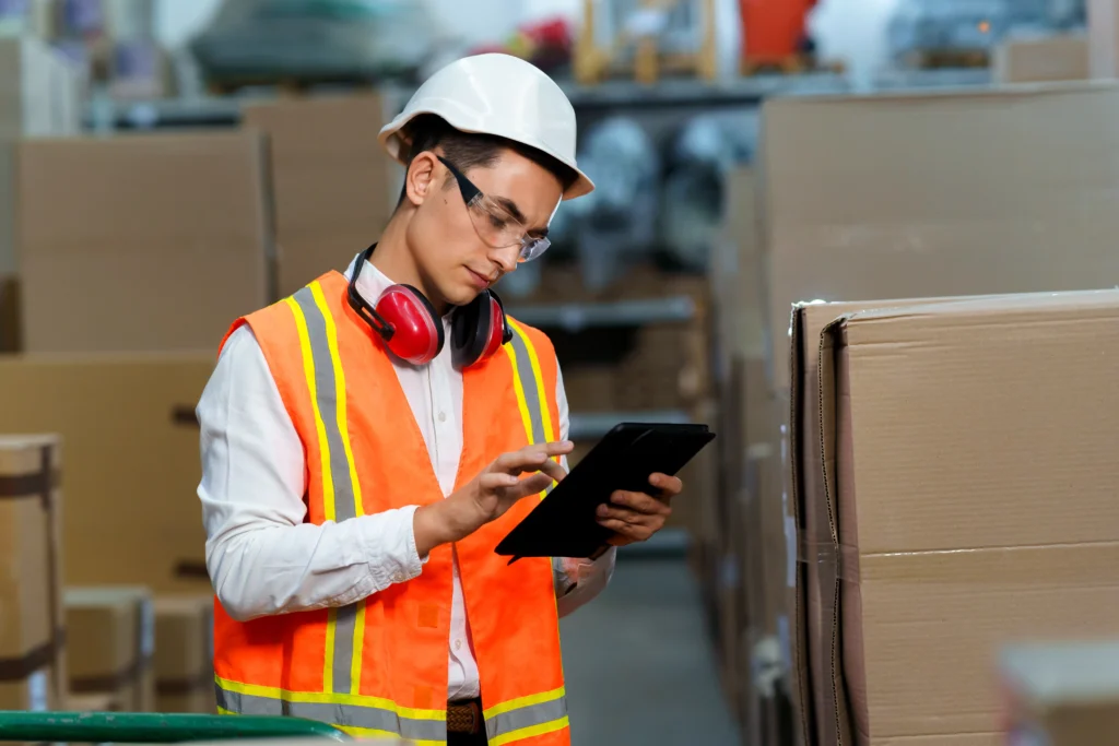 Warehouse worker using a tablet for daily operations