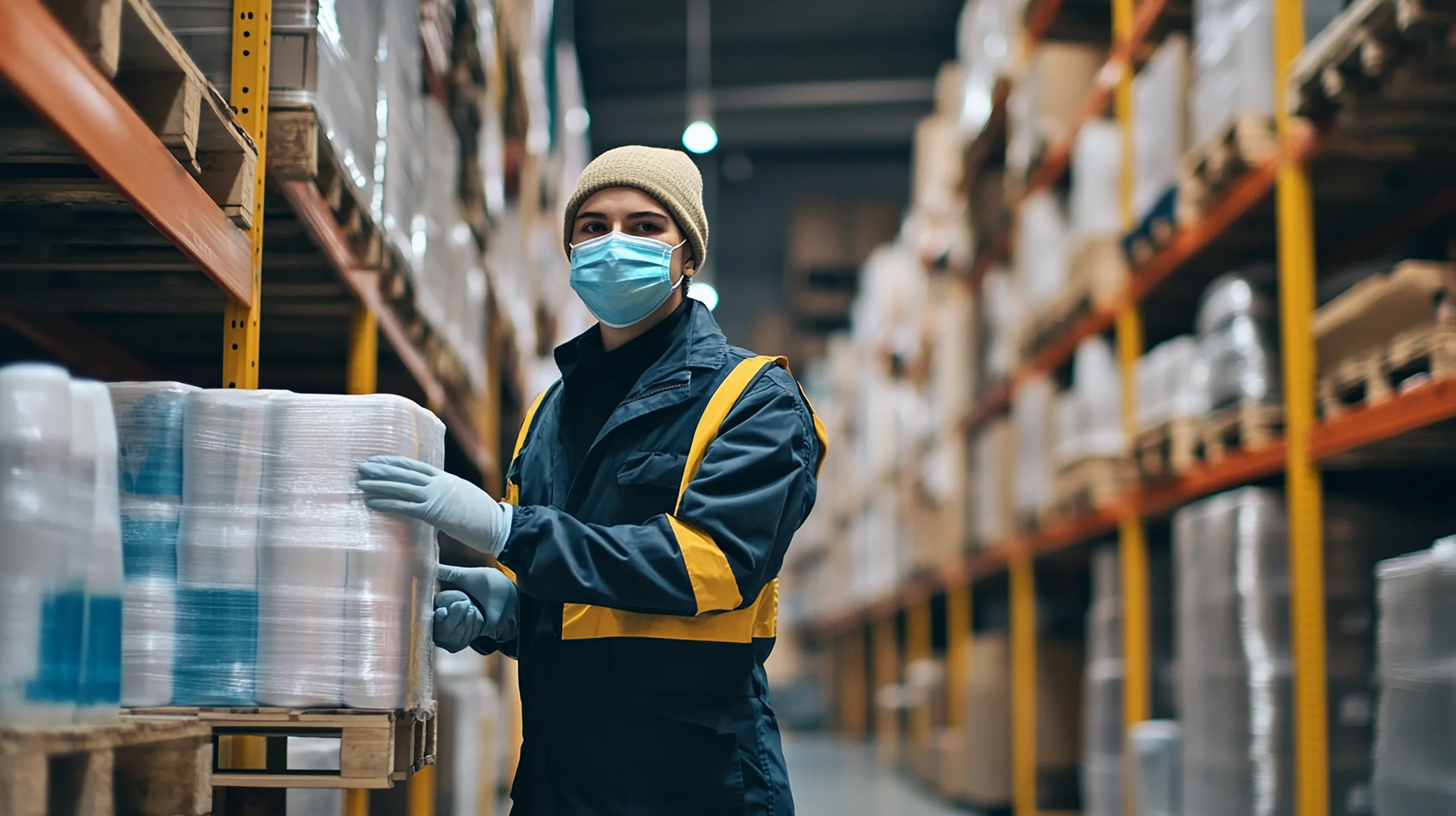 Warehouse worker wearing necessary safety equipment.