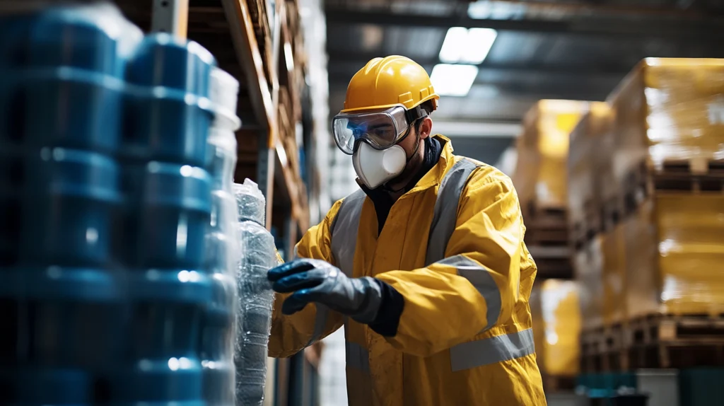 Warehouse worker wearing necessary safety equipment.