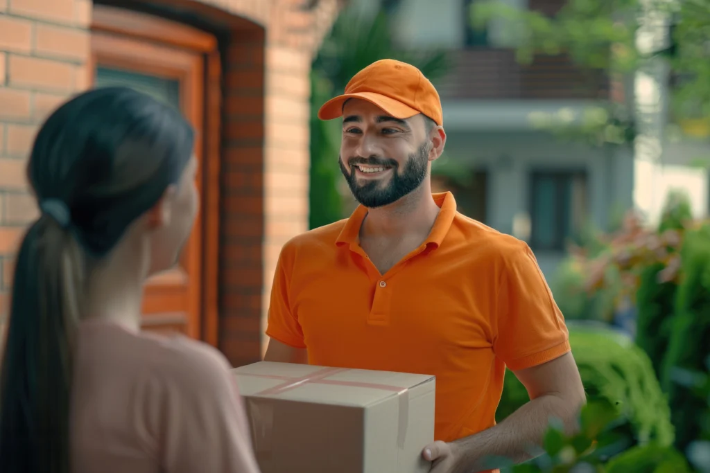 Delivery person handing over package to customer.  