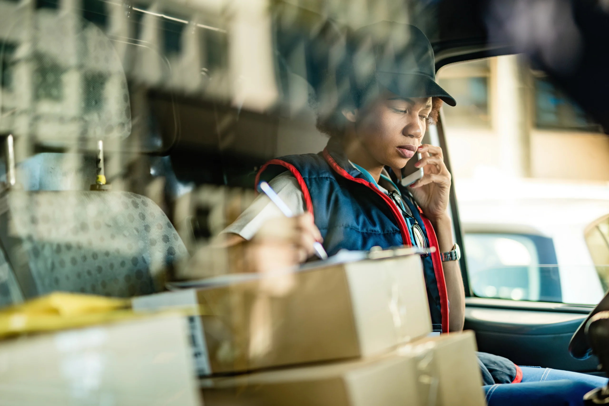 A delivery person handling packages.