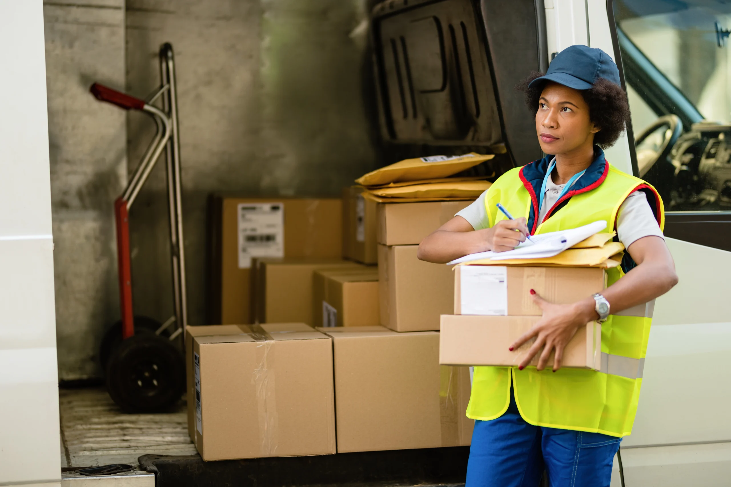 Delivery person handling customer packages.